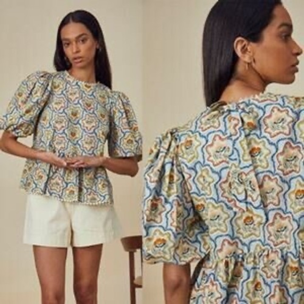 HUNTER BELL Floral Tile Print Puff Sleeve Blouse in Blue, Cream, Yellow